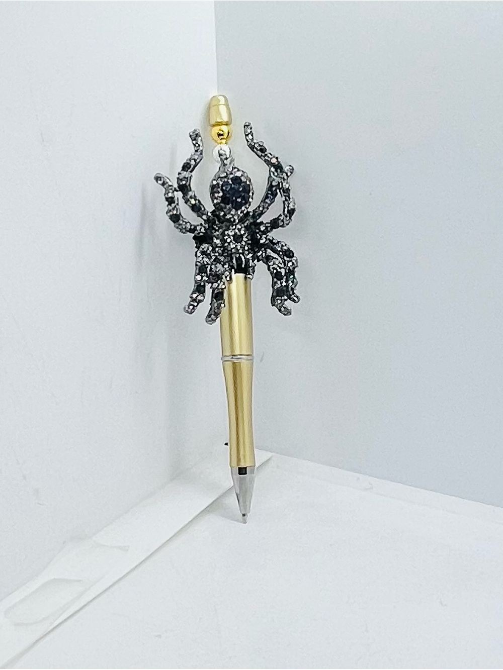 Gold Pen with Black Crystal Spider Accent - Decorative Writing Pen